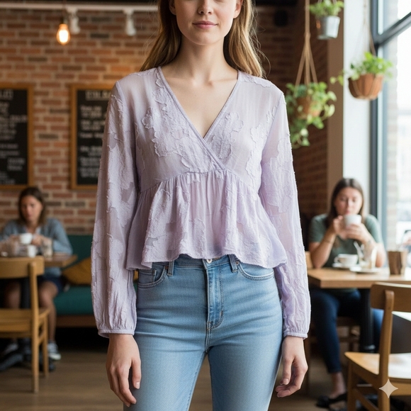 Aritzia Tops - Wilfred Aritzia Women's Boho Purple Floral Sheer Cropped Blouse Size XXS-S